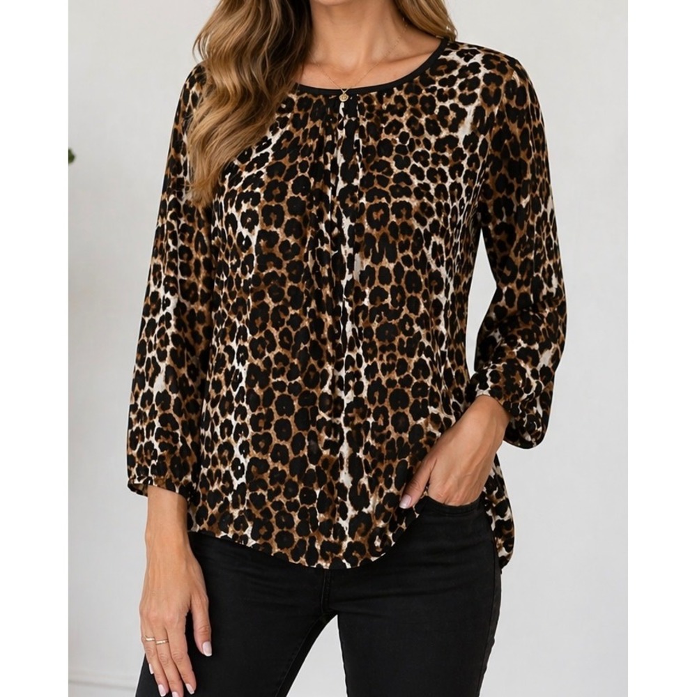 Leopard Print Blouse Womens L 3/4 Sleeve Pleated Front‎ Animal Print